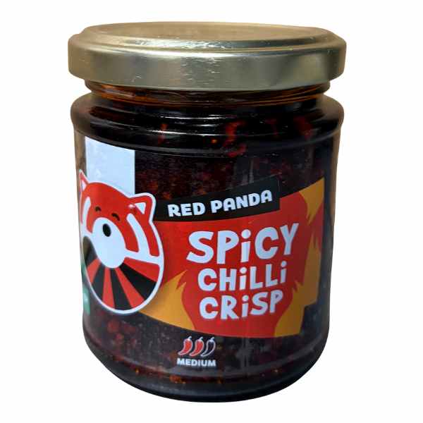 Jar of Red Panda Spicy Chilli Crisp on a white background