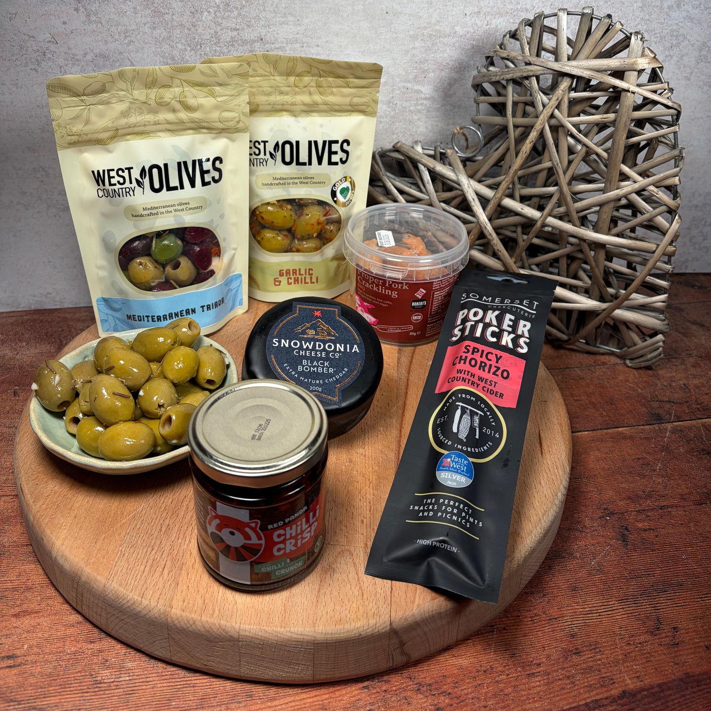 Valentines gift hamper, olives, cheese, chilli crisp, chorizo and pork scratchings