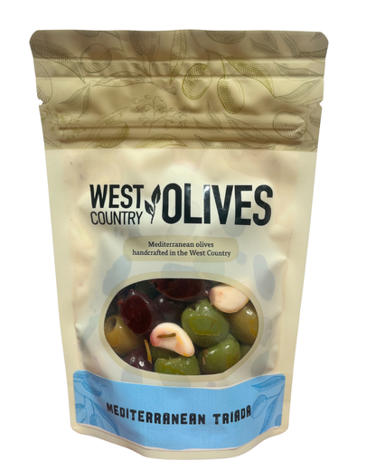 Mediterranean Triada olives, a trio of green, kalamata, nocellara olives in a sealable, ambient retail stand up package